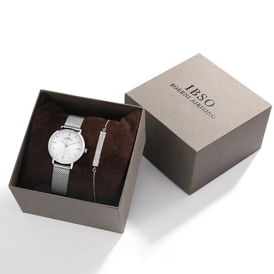 IBSO Women’s Watch Set – 8mm Ultra-Thin Silver Mesh, Quartz, 30mm Dial - Fanbuluxe