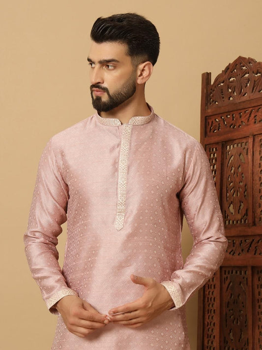 Men’s Pink Jacquard Kurta Pyjama Set – Festive Wear