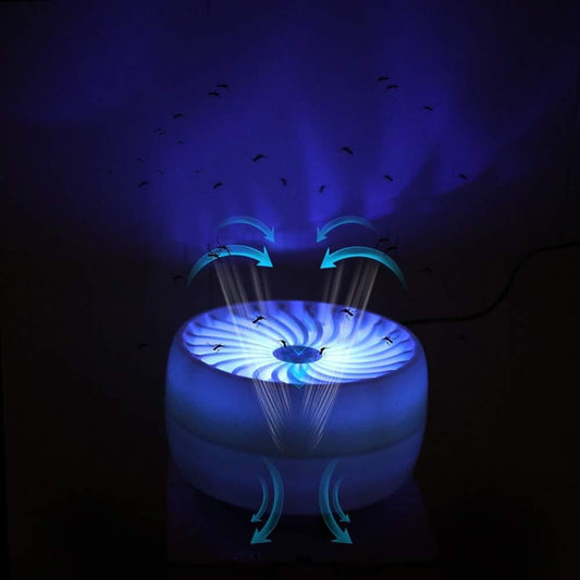 Blue light insect trap with glowing blue light on a dark background