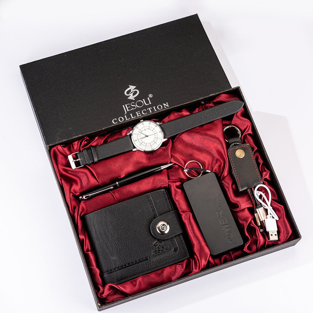 Men’s Boutique Gift Set – Wallet, Power Bank, Keychain & Large Dial Quartz Watch - Fanbuluxe