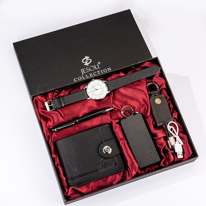 Men’s Boutique Gift Set – Wallet, Power Bank, Keychain & Large Dial Quartz Watch - Fanbuluxe