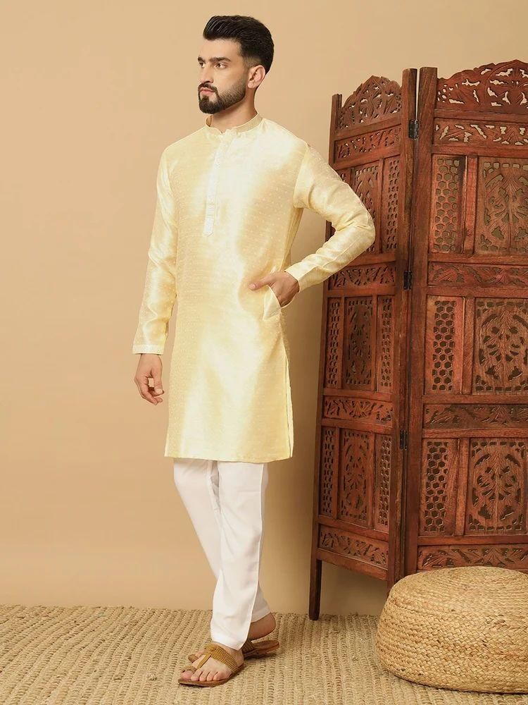 Men’s Yellow Jacquard Kurta Pyjama Set – Festive Wear