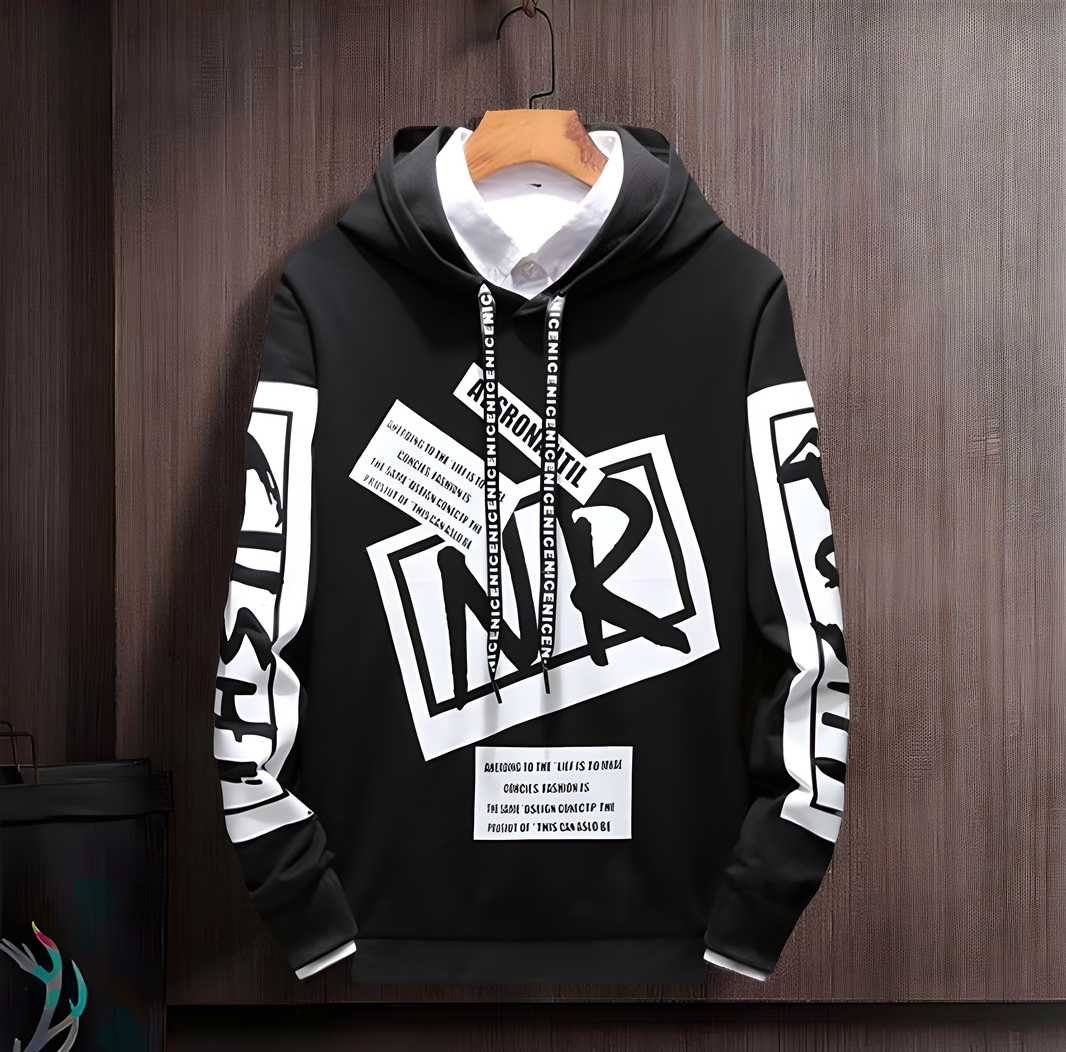 Men’s Black Printed Hooded T-Shirt
