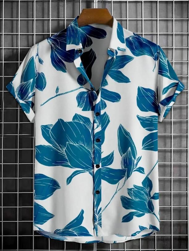 Men’s Printed Half Sleeve Casual Shirt – White & Blue