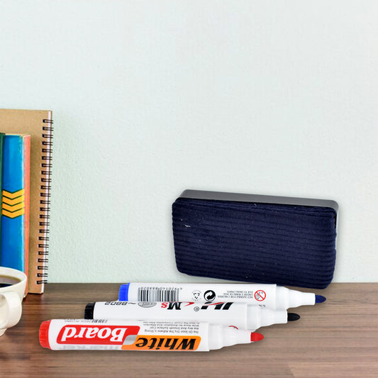 Whiteboard Marker Set – 3 Colors + Board Duster | Classroom & Office Use- Pack Of 4