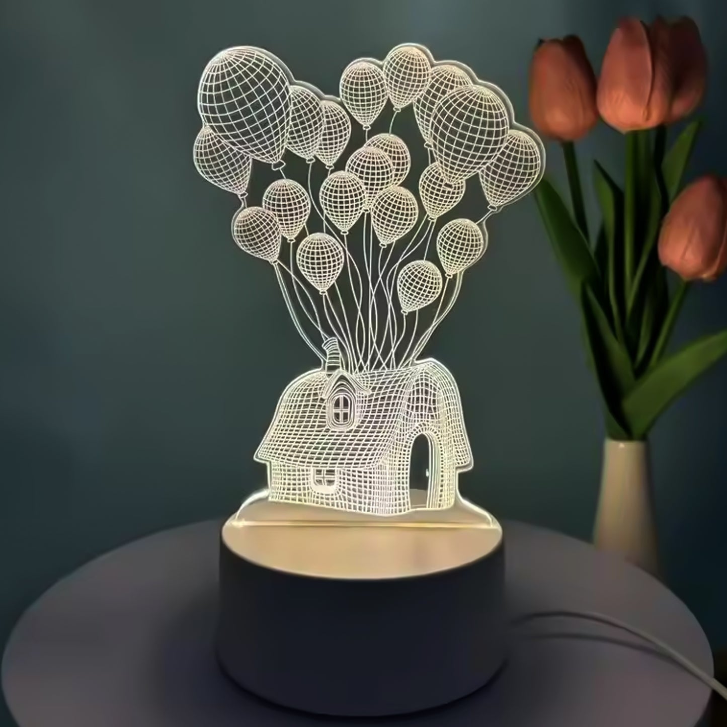 3D Illusion LED Night Lamp – House & Balloons Design