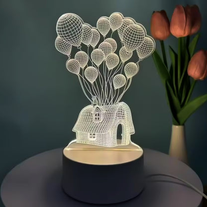 3D Illusion LED Night Lamp – House & Balloons Design