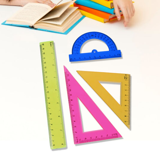 4-Piece Geometry Set – Triangle, Protractor & Straight Ruler | Clear Plastic Drafting Kit