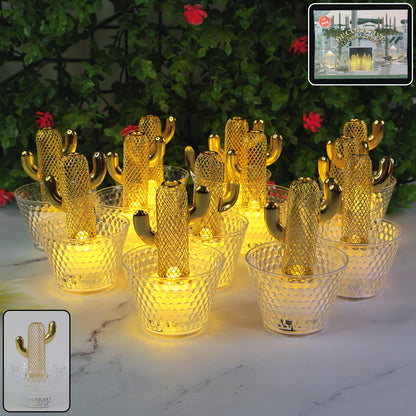 Cactus Shape LED Tealight Candles with Transparent Cup Holders – 12 Pc