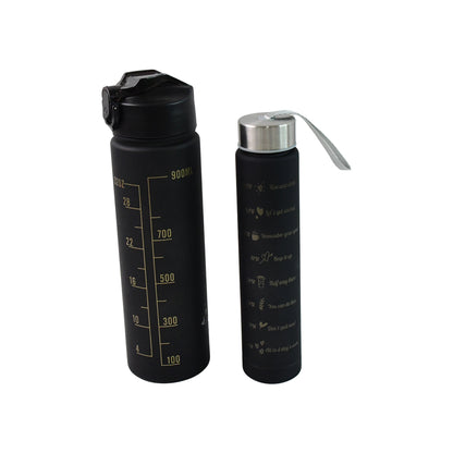 2-Pc Black Motivational Water Bottle Set – 900ML & 300ML, Leakproof