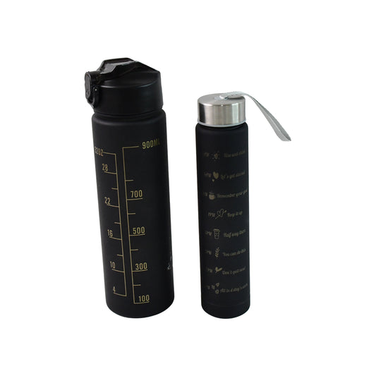 2-Pc Black Motivational Water Bottle Set – 900ML & 300ML, Leakproof