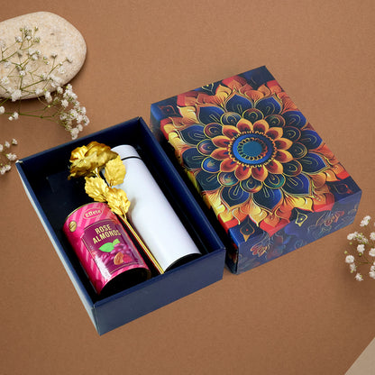 Premium Festive Gift Hamper Box with Stainless Steel Bottle, Golden Rose