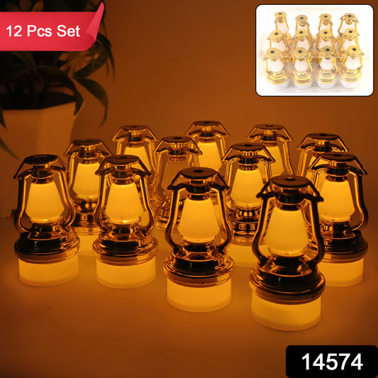 Set of 12 Decorative Vintage Lantern Style Flameless LED Candles – Warm Yellow Glow