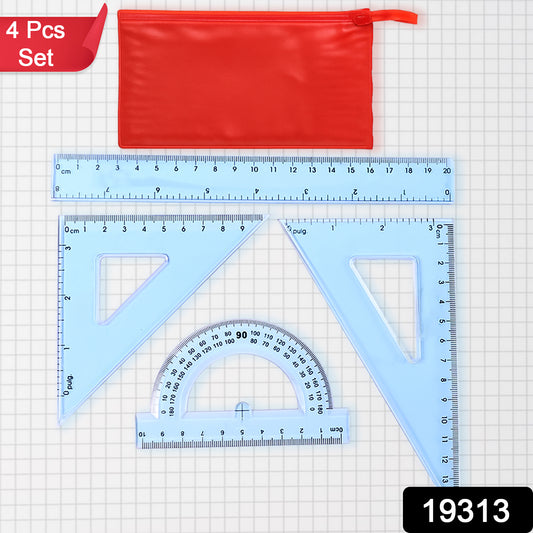 4-Piece Transparent Geometry Set – Ruler, Protractor & Set Squares | Zipper Pouch
