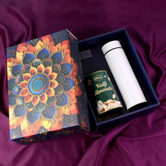 Premium Festive Gift Hamper Box with Stainless Steel Bottle & Effete Kulfi Almond Chocolate