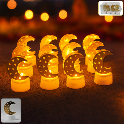 Set of 12 Decorative Moon Shaped Flameless LED Candles – Warm Yellow Glow