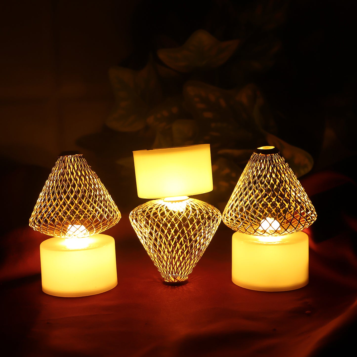 Set of 12 Golden Net LED Flameless Tealight Candles – Battery Operated Decorative Lights