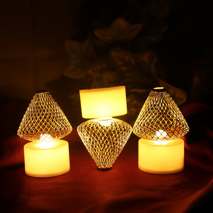 Set of 12 Golden Net LED Flameless Tealight Candles – Battery Operated Decorative Lights