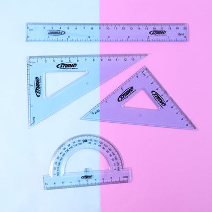 4-Piece Transparent Geometry Set – Ruler, Protractor & Set Squares | Zipper Pouch