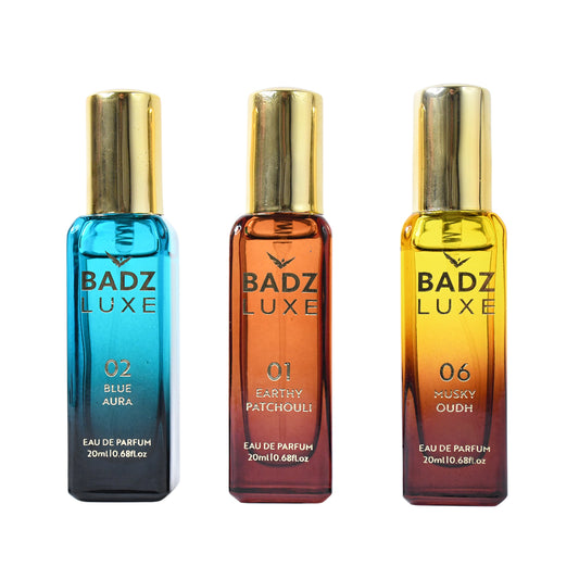3 Pc Premium Perfume Gift Set – 20ml Each | Blue Aura, Patchouli & Oudh