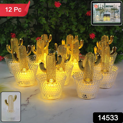 Cactus Shape LED Tealight Candles with Transparent Cup Holders – 12 Pc