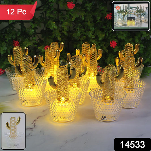 Cactus Shape LED Tealight Candles with Transparent Cup Holders – 12 Pc