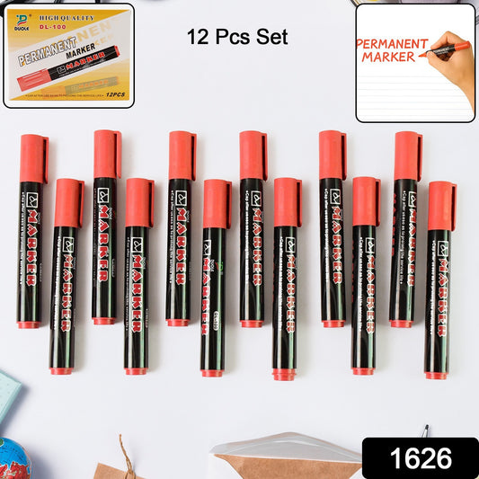Premium Red Marker Pen Set – 12-Pack | Permanent, Waterproof & Quick-Dry