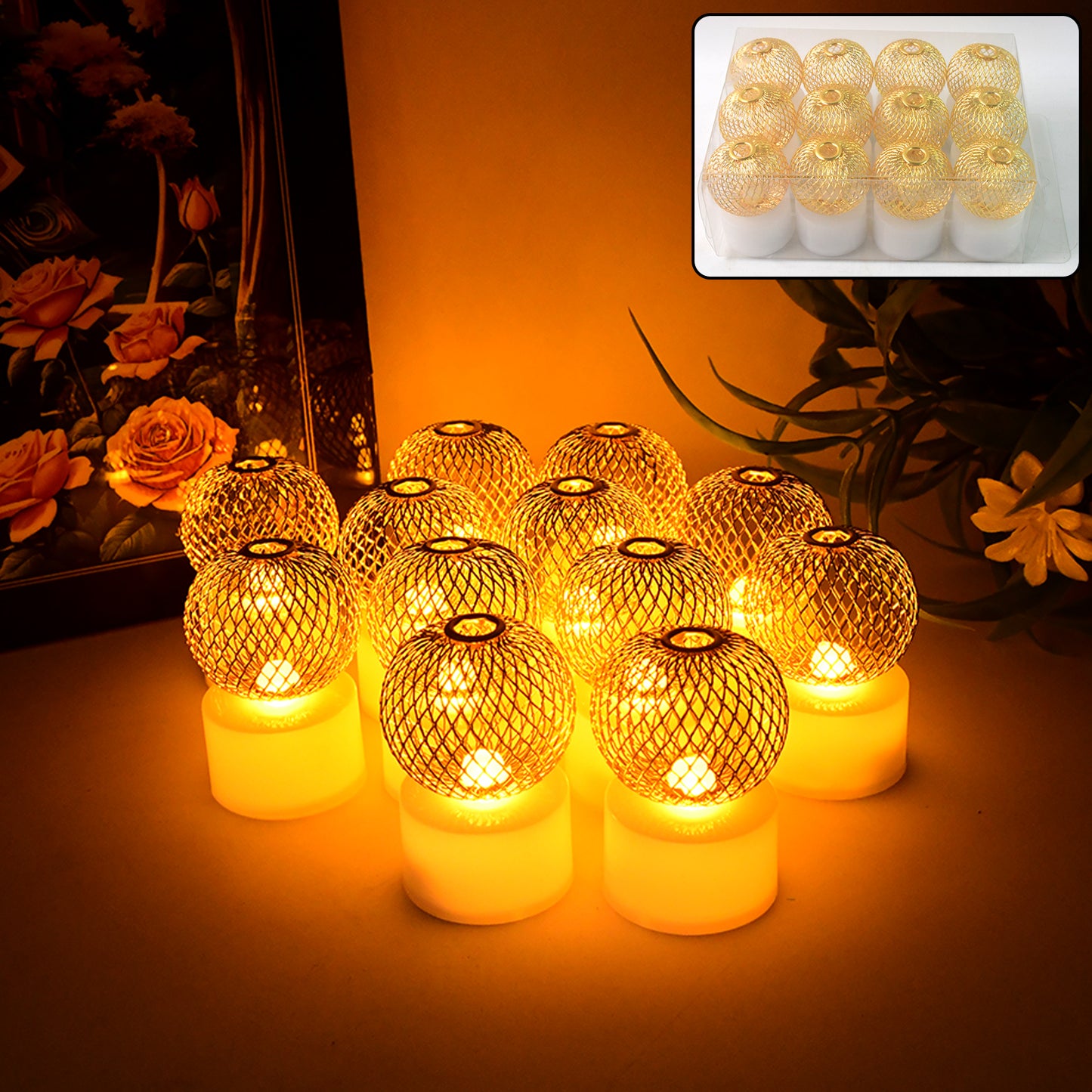 12 Pcs LED Ball Decorative Lights – Warm White Mesh Design