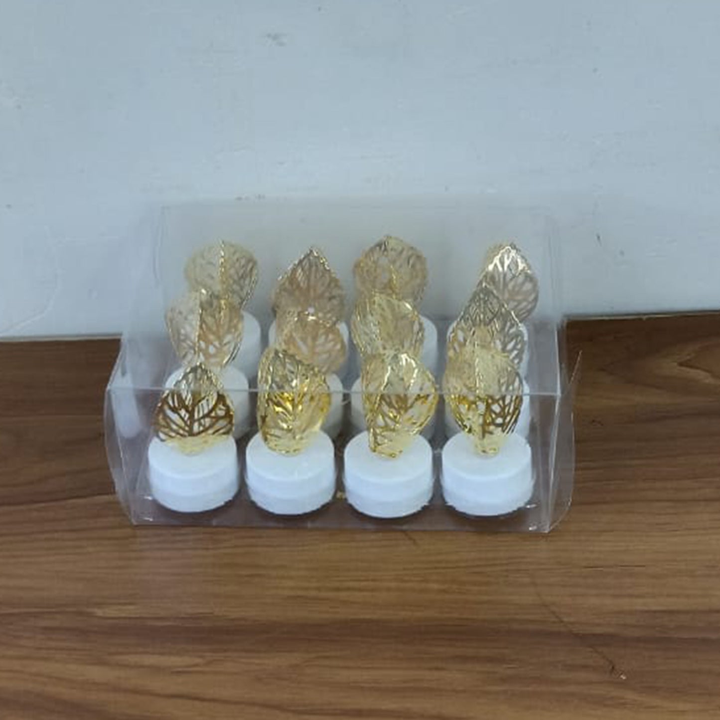 Set of 12 Decorative Golden Leaf Shaped Flameless LED Candles – Flickering Light for Festive & Home Décor