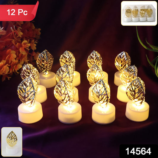 Set of 12 Decorative Golden Leaf Shaped Flameless LED Candles – Flickering Light for Festive & Home Décor