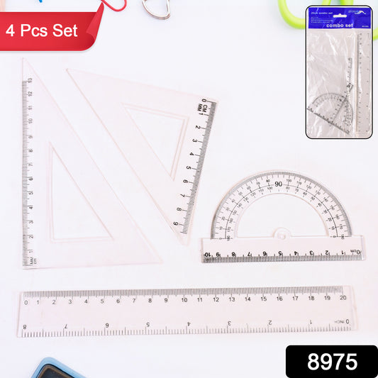 Plastic Geometry Set – 4 Pieces | Triangle, Ruler & Protractor Drafting Kit