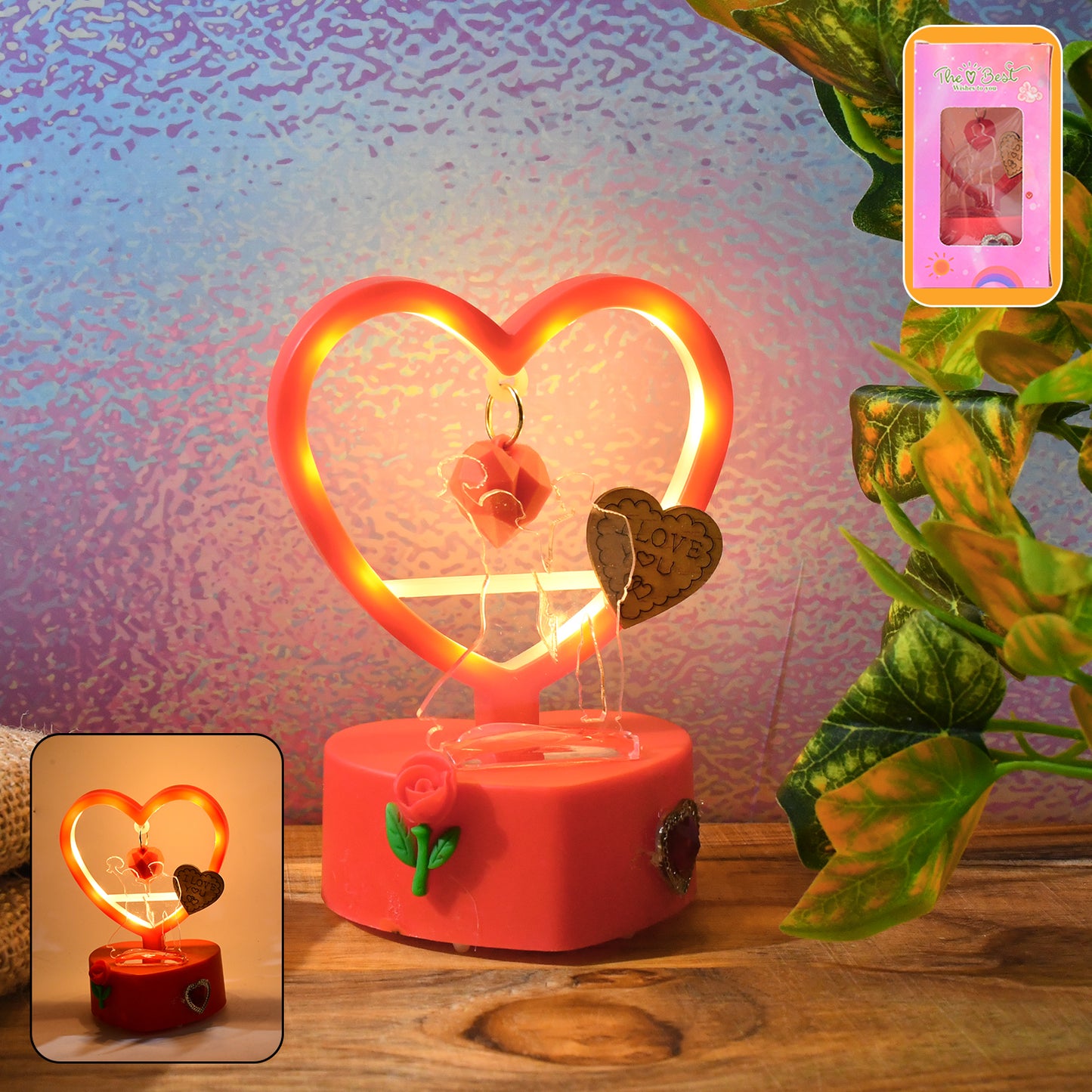 Romantic Heart-Shaped LED Light with Hanging Hearts & Rose – Gift for Loved Ones