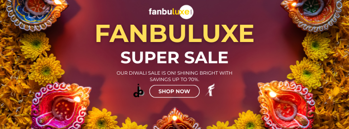 Fanbuluxe Diwali sale advertisement with decorative elements on a dark red background