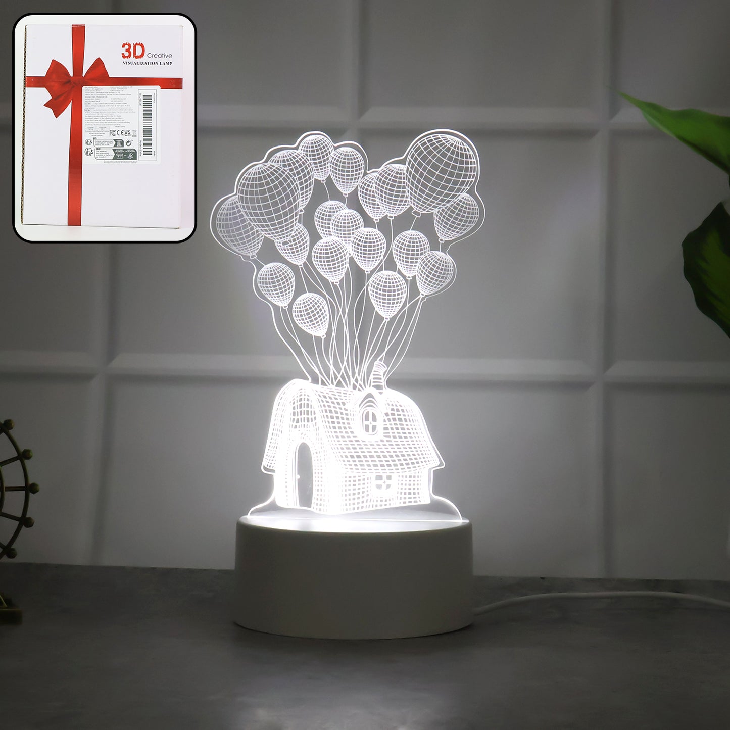 3D Illusion LED Night Lamp – House & Balloons Design