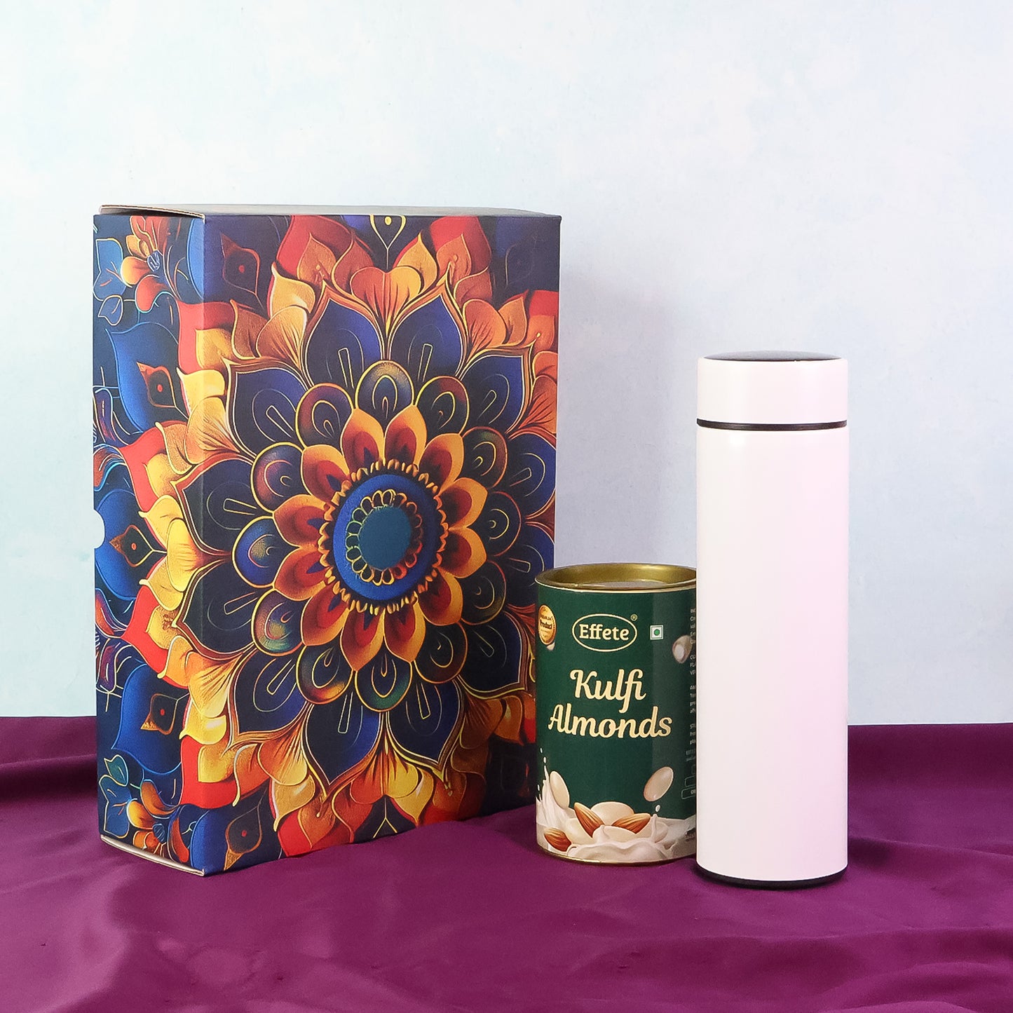 Premium Festive Gift Hamper Box with Stainless Steel Bottle & Effete Kulfi Almond Chocolate