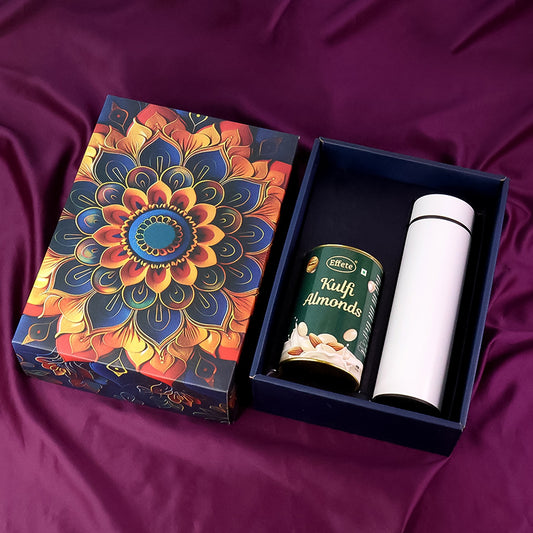 Premium Festive Gift Hamper Box with Stainless Steel Bottle & Effete Kulfi Almond Chocolate