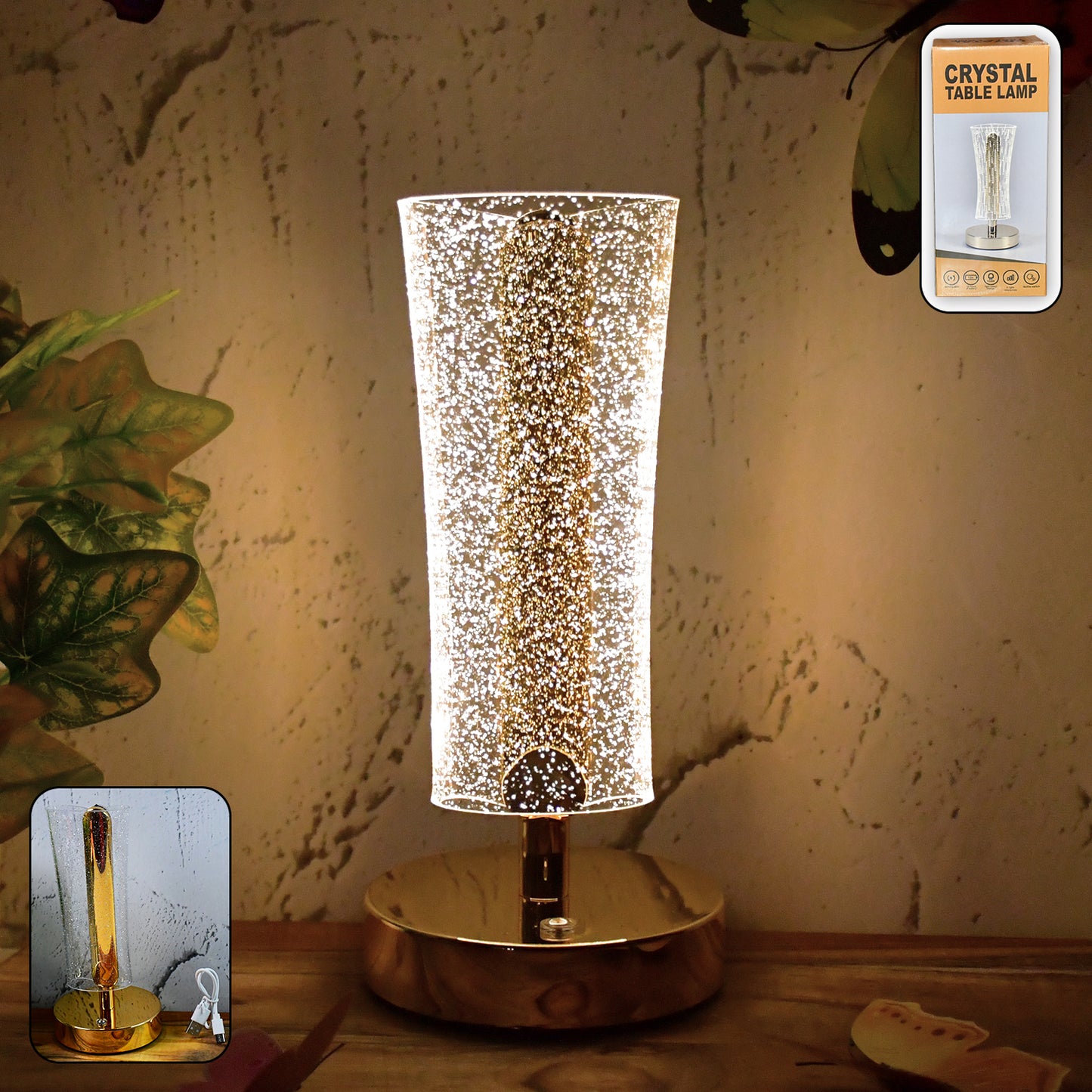 Crystal Sparkle LED Table Lamp with Golden Base – Decorative Bedside & Home Lighting