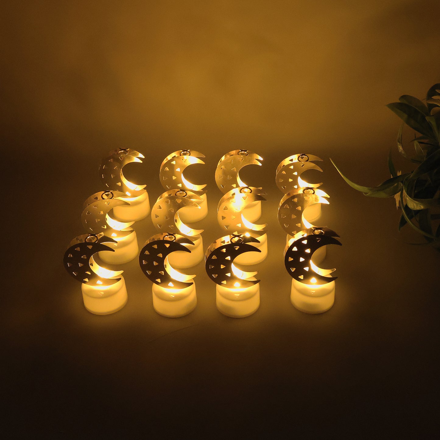 Set of 12 Decorative Moon Shaped Flameless LED Candles – Warm Yellow Glow