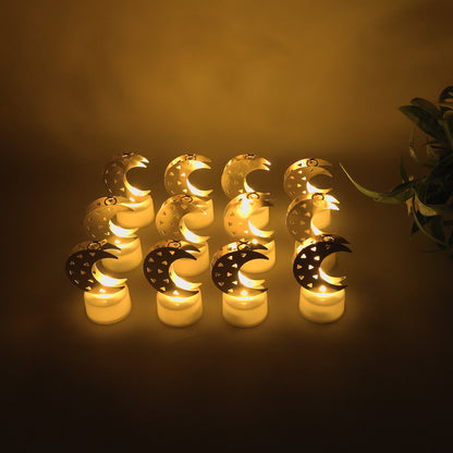 Set of 12 Decorative Moon Shaped Flameless LED Candles – Warm Yellow Glow