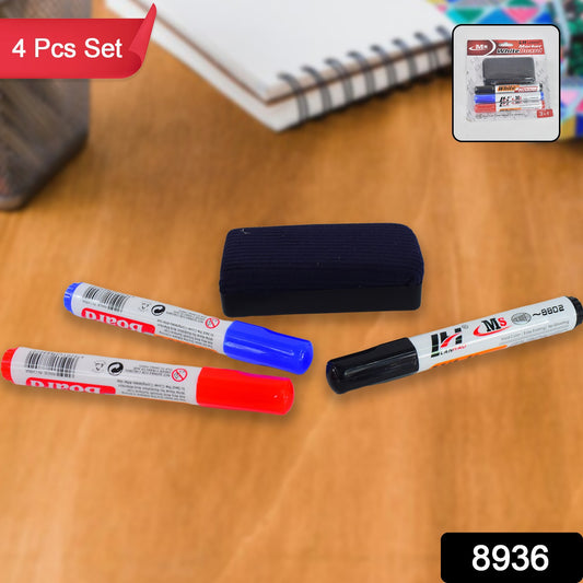 Whiteboard Marker Set – 3 Colors + Board Duster | Classroom & Office Use- Pack Of 4