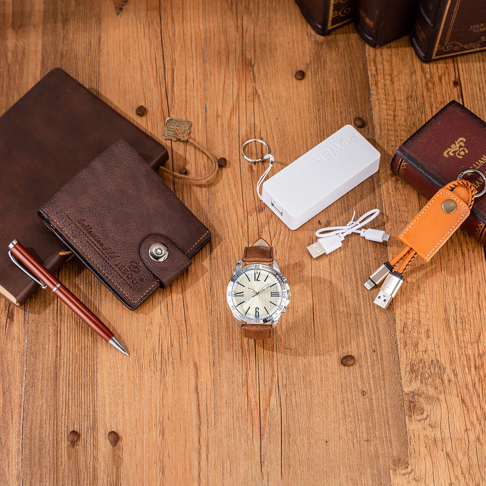 Men’s Boutique Gift Set – Wallet, Power Bank, Keychain & Large Dial Quartz Watch - Fanbuluxe