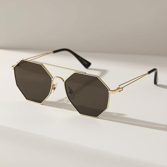 Golden Hexagon Designer Sunglasses for Women – Retro Geometric Elegance | UV Protected