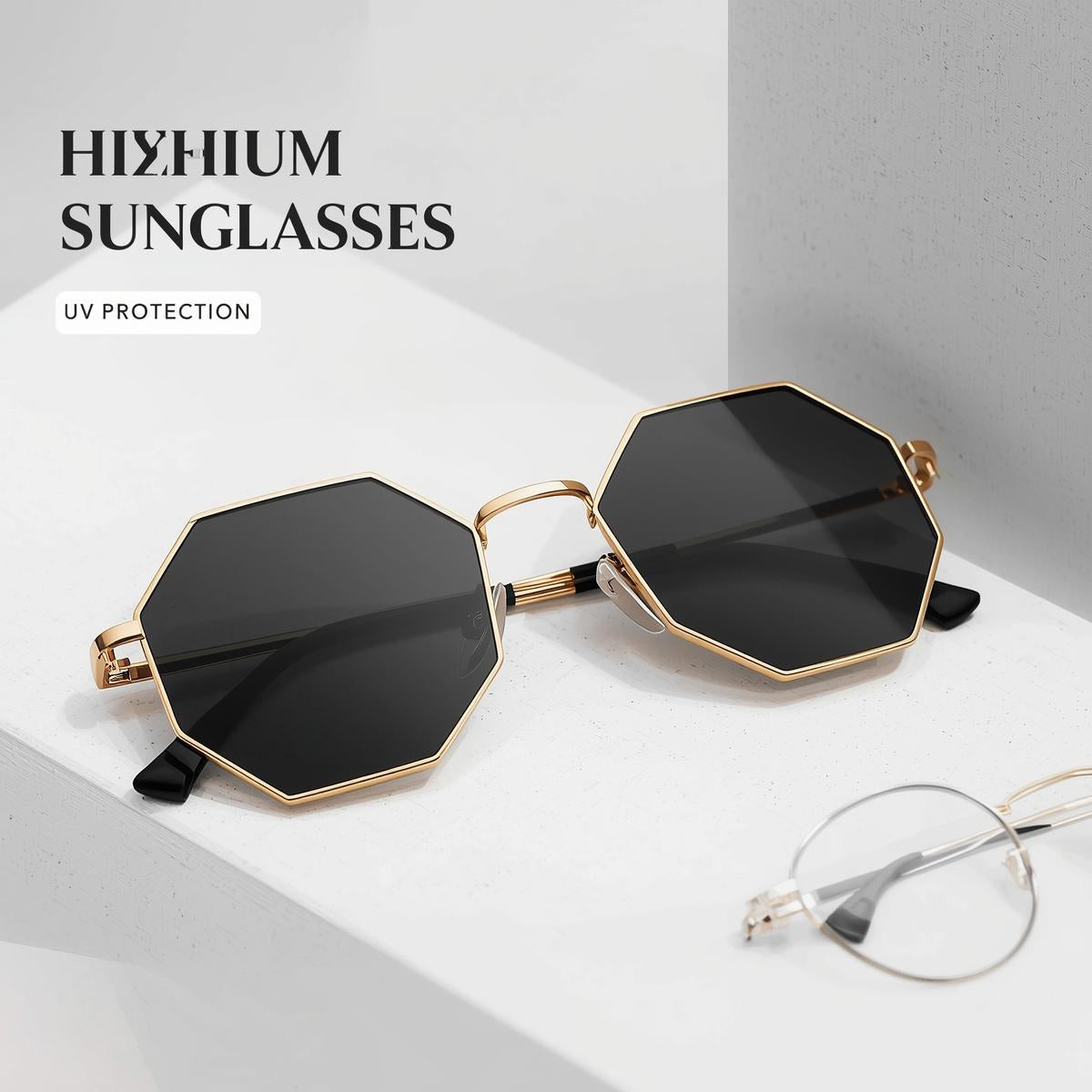 Golden Hexagon Designer Sunglasses for Women – Retro Geometric Elegance | UV Protected