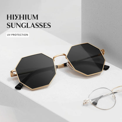 Golden Hexagon Designer Sunglasses for Women – Retro Geometric Elegance | UV Protected