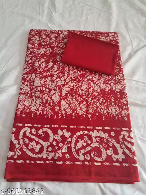 W2 - Karishma Premium Red Batik Pure Cotton Saree with Unstitched Blouse (0.80m)