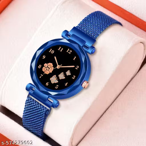 (10A)  Stylish Blue Magnetic Strap Analog Watch for Women – Elegant Floral Dial Edition