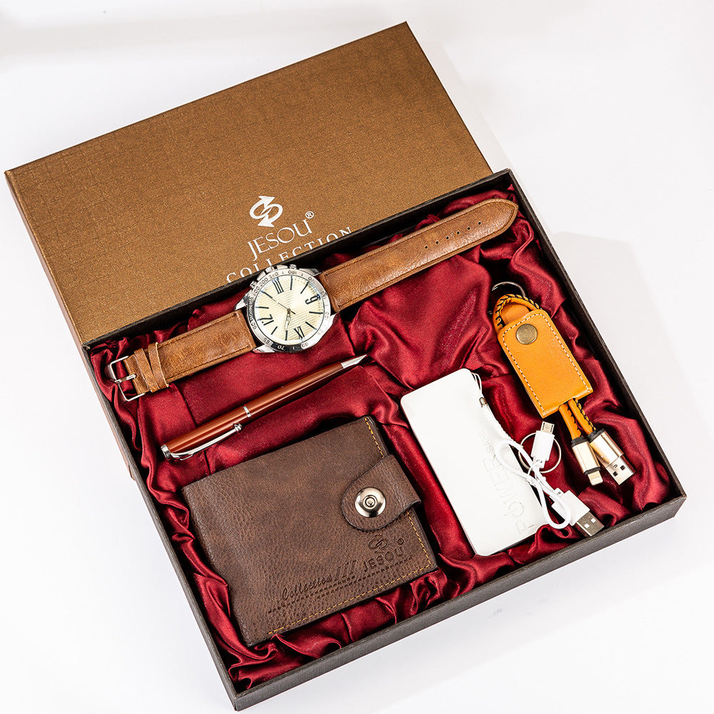 Men’s Boutique Gift Set – Wallet, Power Bank, Keychain & Large Dial Quartz Watch - Fanbuluxe