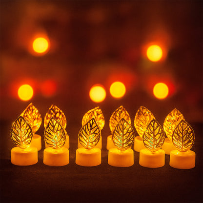Set of 12 Decorative Golden Leaf Shaped Flameless LED Candles – Flickering Light for Festive & Home Décor