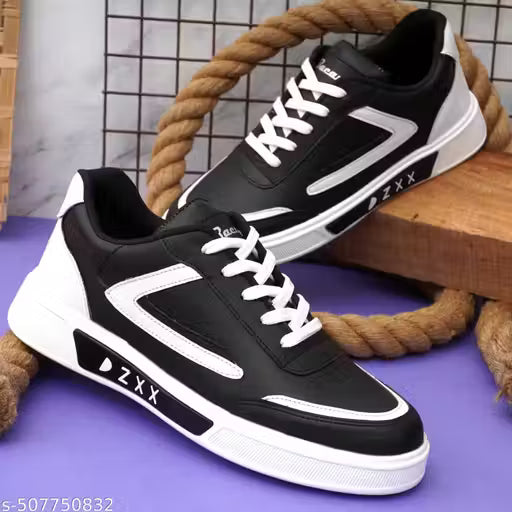 (5A) Black & White Colorblocked Casual Sneakers for Men – Synthetic Leather with EVA Sole | Modern Comfort