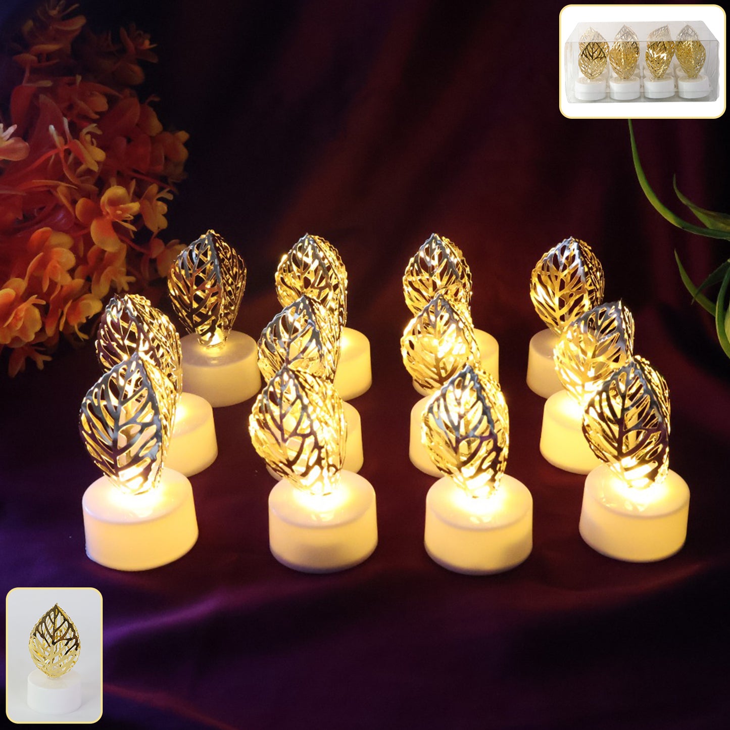 Set of 12 Decorative Golden Leaf Shaped Flameless LED Candles – Flickering Light for Festive & Home Décor